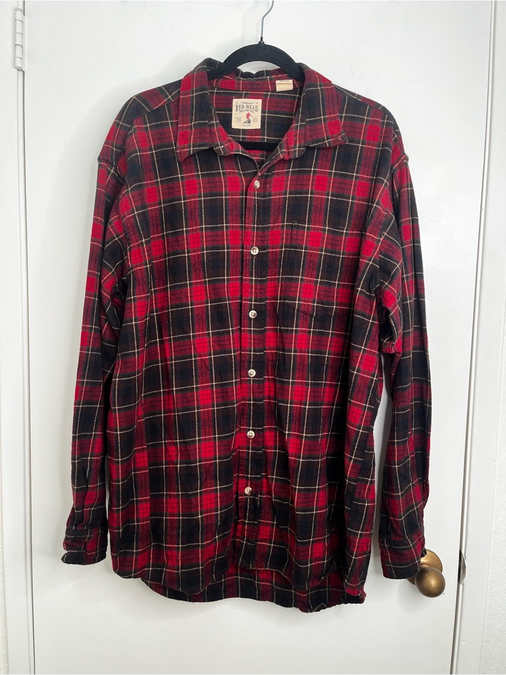 RedHead Mens Cotton Flannel Tartan Plaid ButtonUp Shirt Pockets XL Red Cabincore